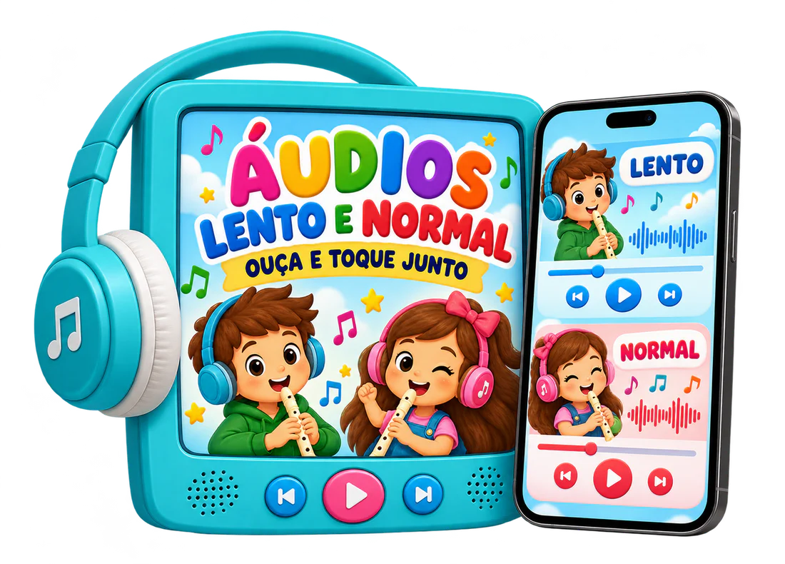 Mockup do bônus Áudios Lento e Normal com player infantil