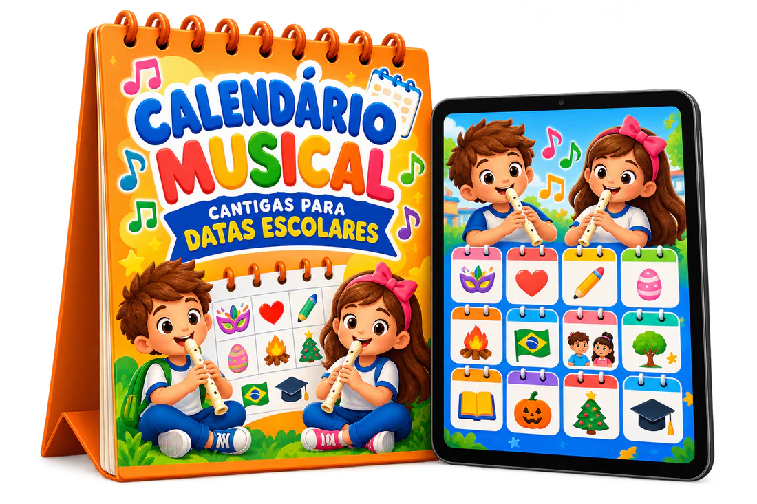 Mockup do bônus Calendário Musical com calendário e tablet