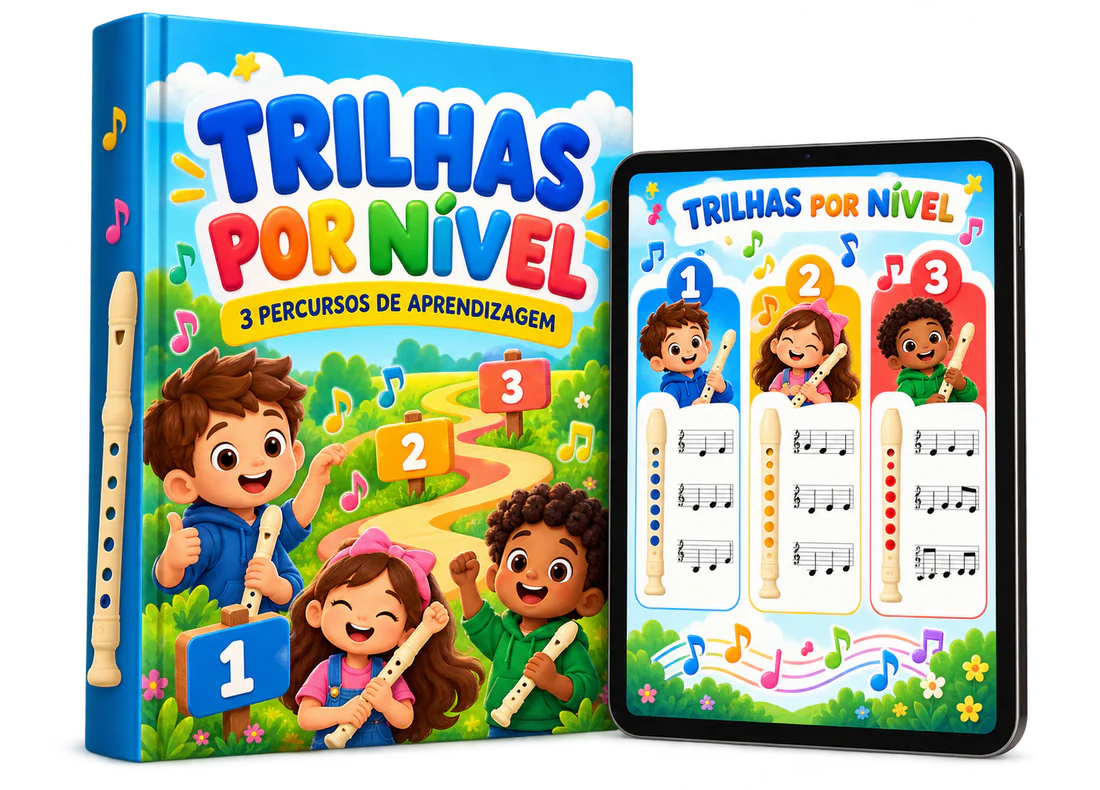 Mockup do bônus Trilhas por Nível com livro e tablet