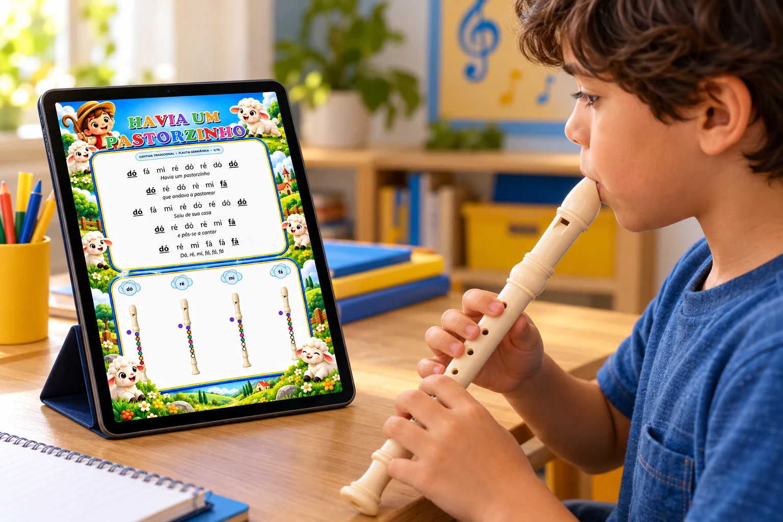 Criança observando uma ficha visual em um tablet enquanto posiciona os dedos na flauta doce